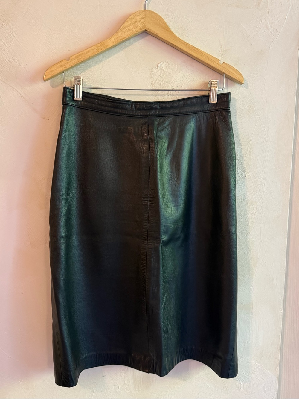 Vintage Black Leather A-Line Midi Skirt | Made in Canada | Classic Minimalist